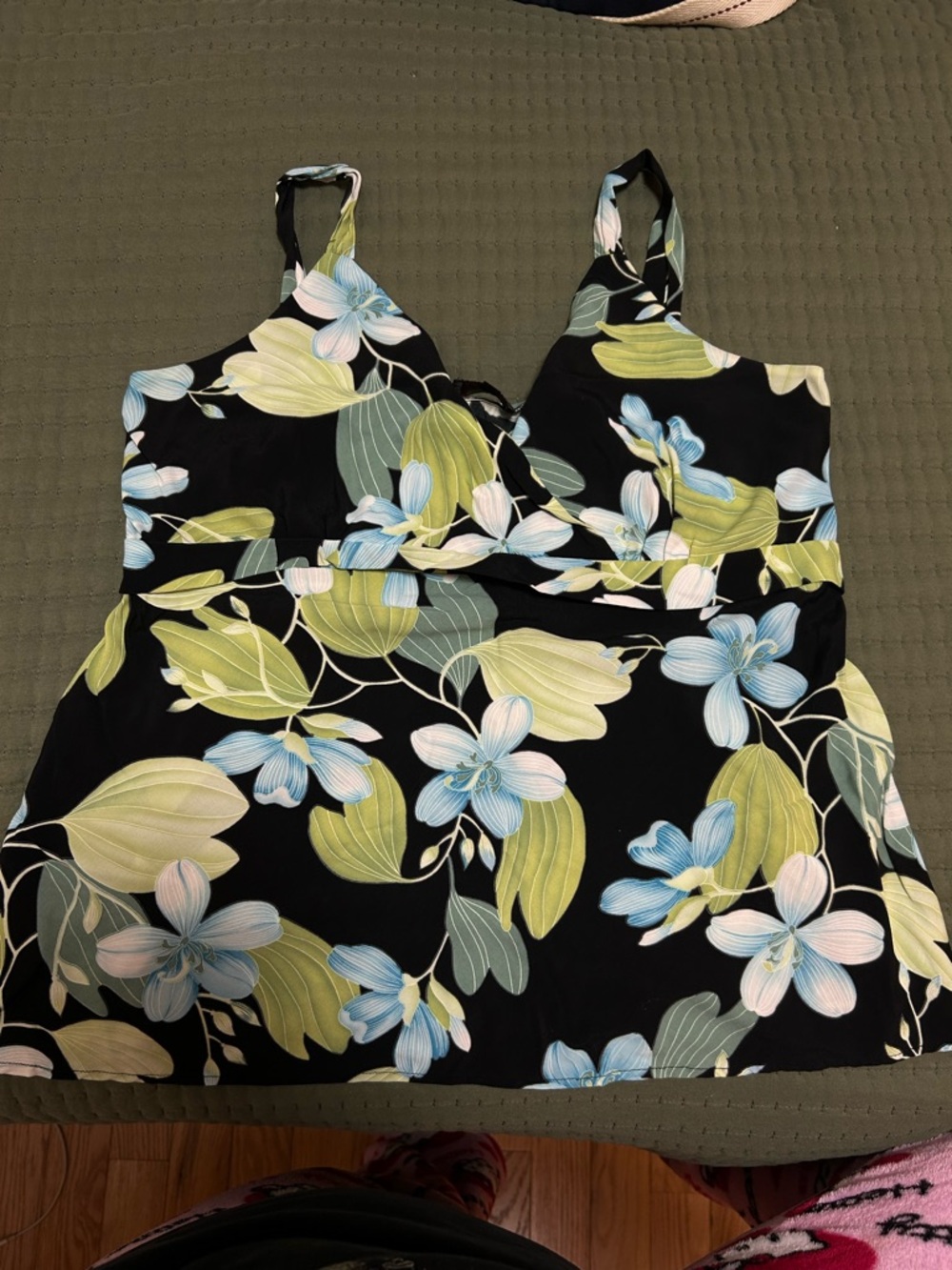 Black Floral Tank Top with Blue & Green Leaves
